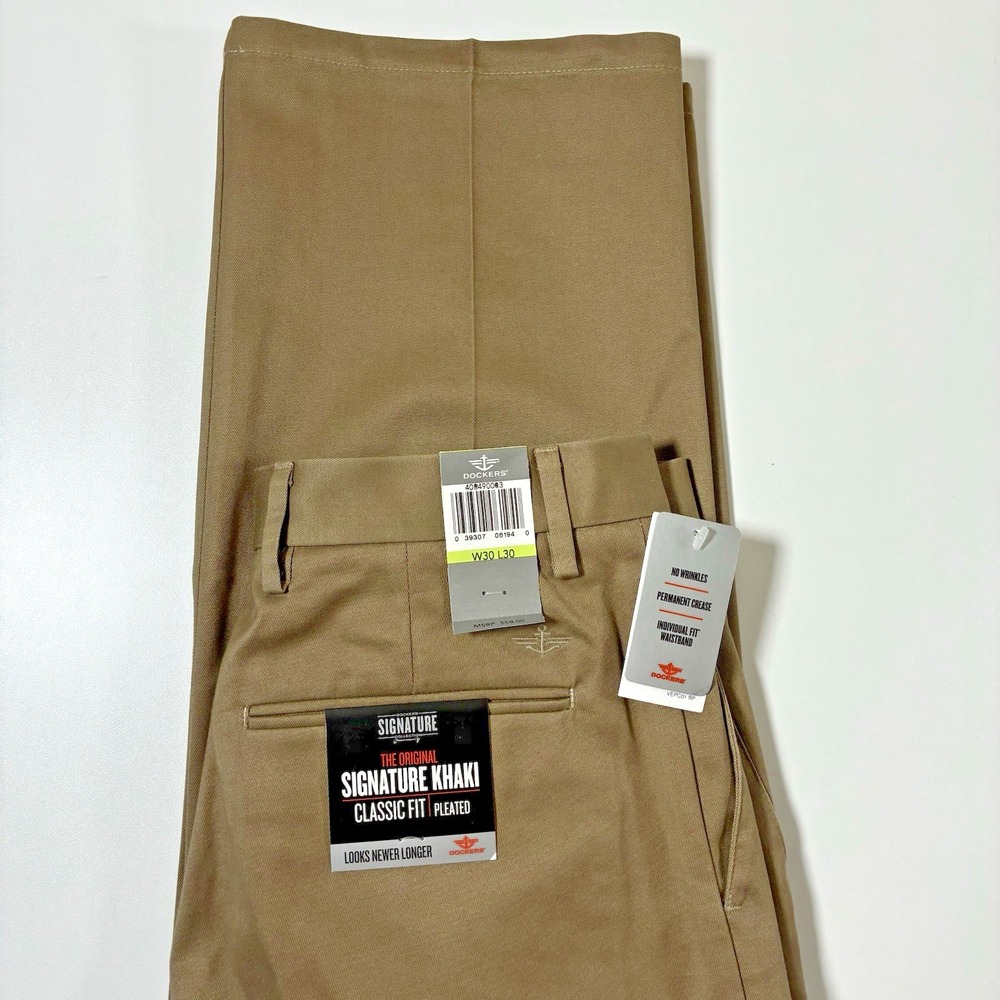 NEW DOCKERS Chino Pants 30x30 Beige Signature Khaki Straight Pleated 90s